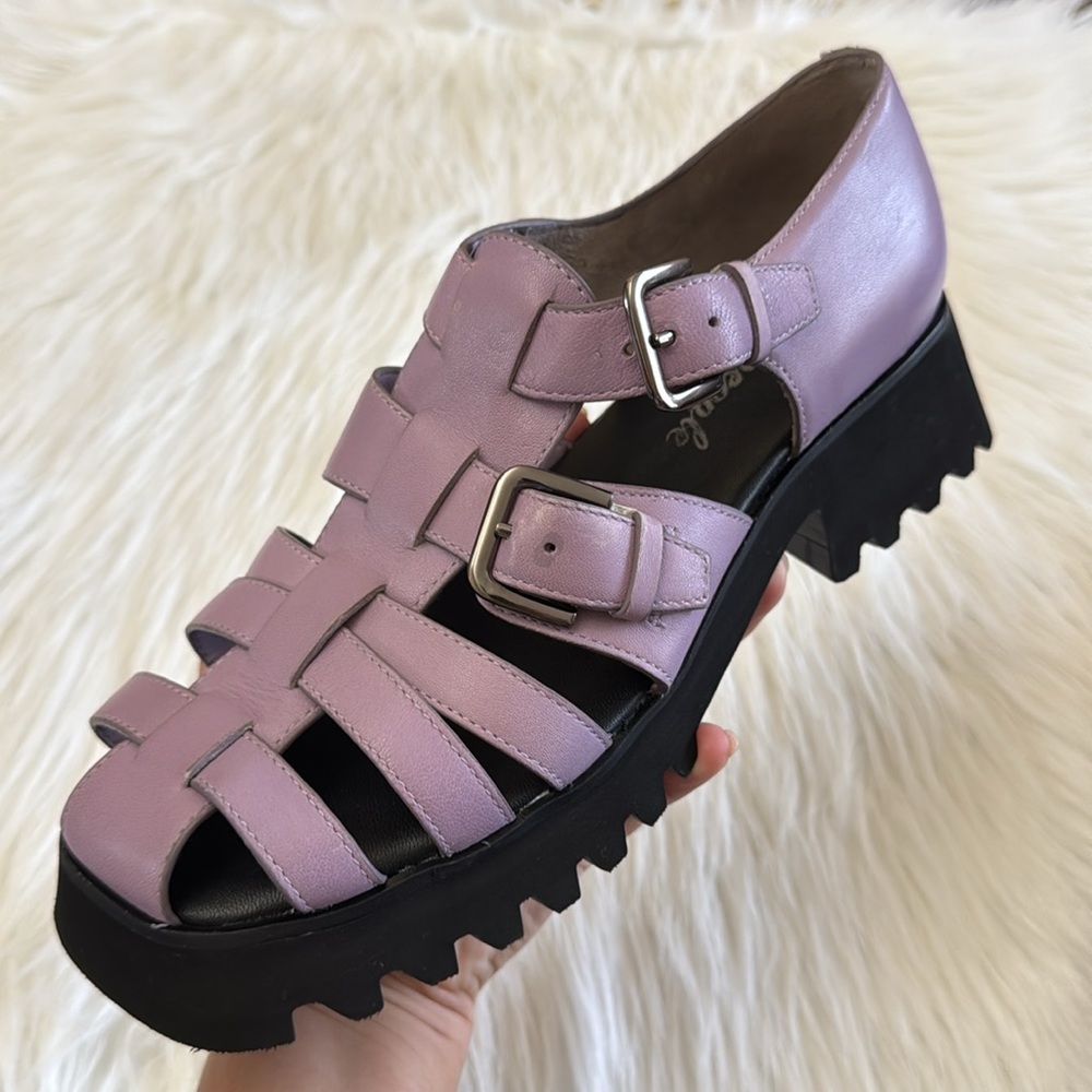 Free People Janis Fisherman Lilac Lavender Chunky Black Heel Sandals Size 8 - Picture 4 of 16